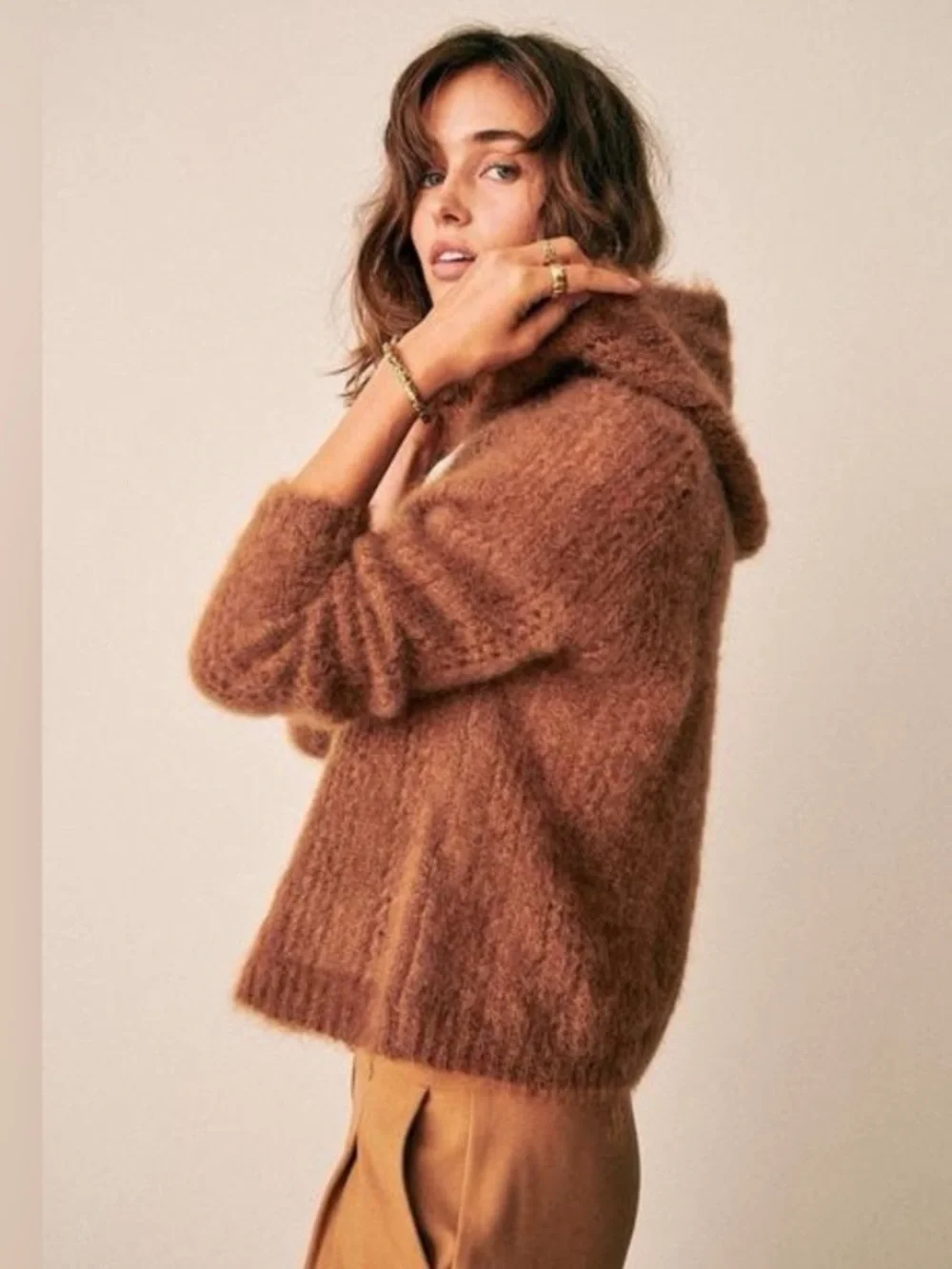 Sézane Theodore Hooded Sweater Jumper Mohair Knit Camel Tan - Picture 1 of 9